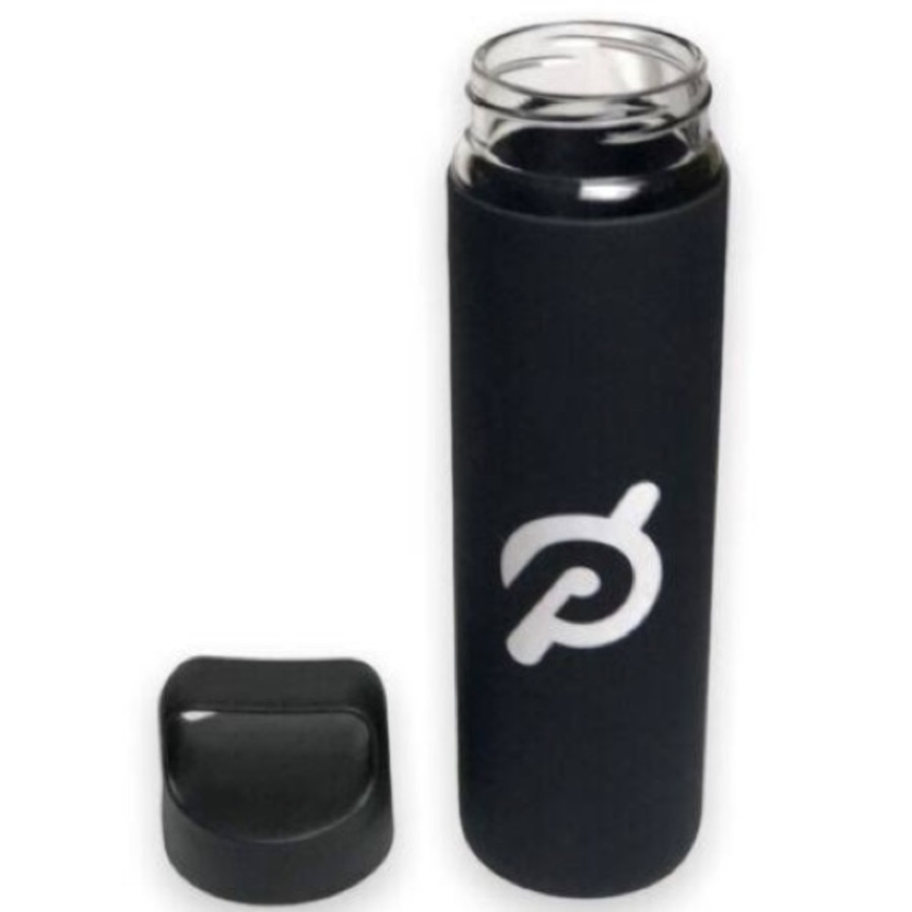 Glass peloton water bottle with rubber sleeve